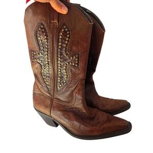 Audrey Brown Leather Studded Cowboy Boots Womens Size 6.5B